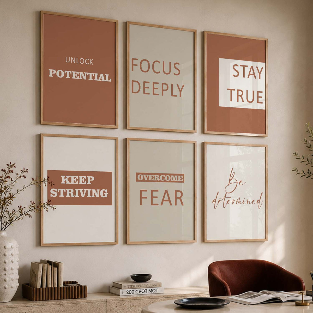 Minimalist Modern Motivational Quotes Wall Art Set of 6 Framed Prints for Bedroom