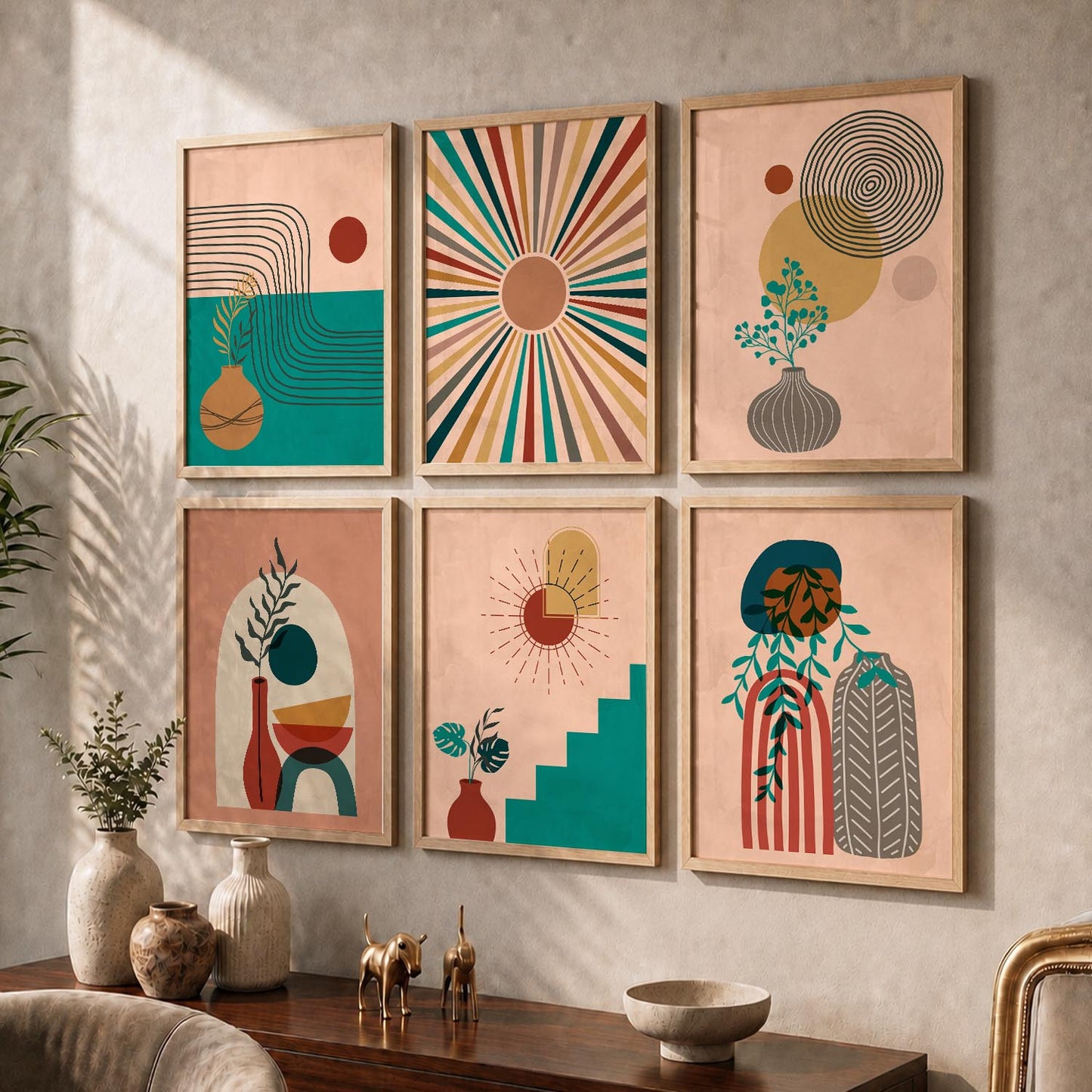 Earthy Abstract Boho Modern Wall Art Set of 6 Framed Prints