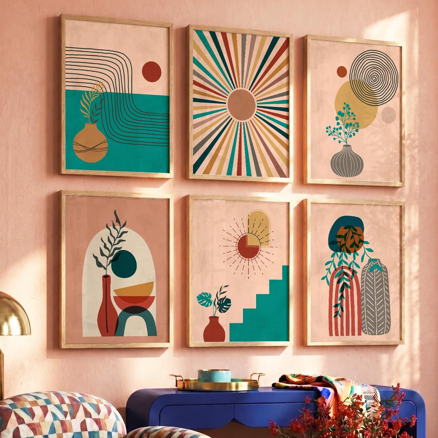 Earthy Abstract Boho Modern Wall Art Set of 6 Framed Prints