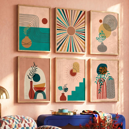 Earthy Abstract Boho Modern Wall Art Set of 6 Framed Prints