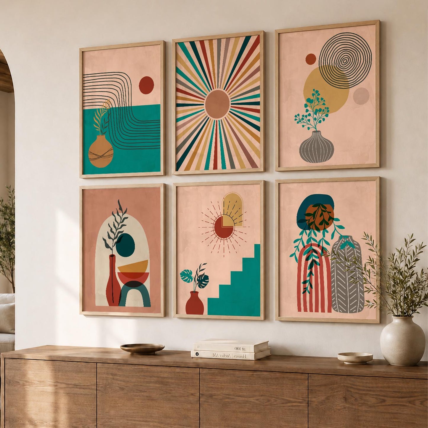 Earthy Abstract Boho Modern Wall Art Set of 6 Framed Prints