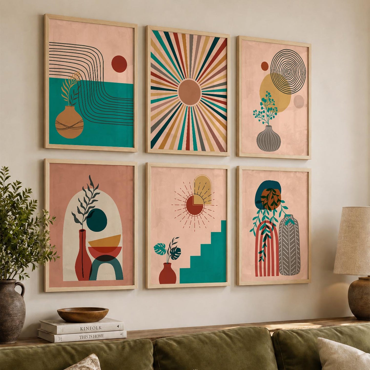 Earthy Abstract Boho Modern Wall Art Set of 6 Framed Prints