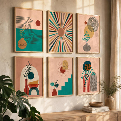 Earthy Abstract Boho Modern Wall Art Set of 6 Framed Prints