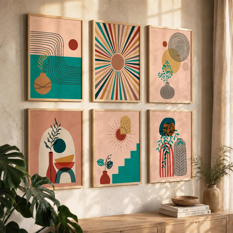 Earthy Abstract Boho Modern Wall Art Set of 6 Framed Prints