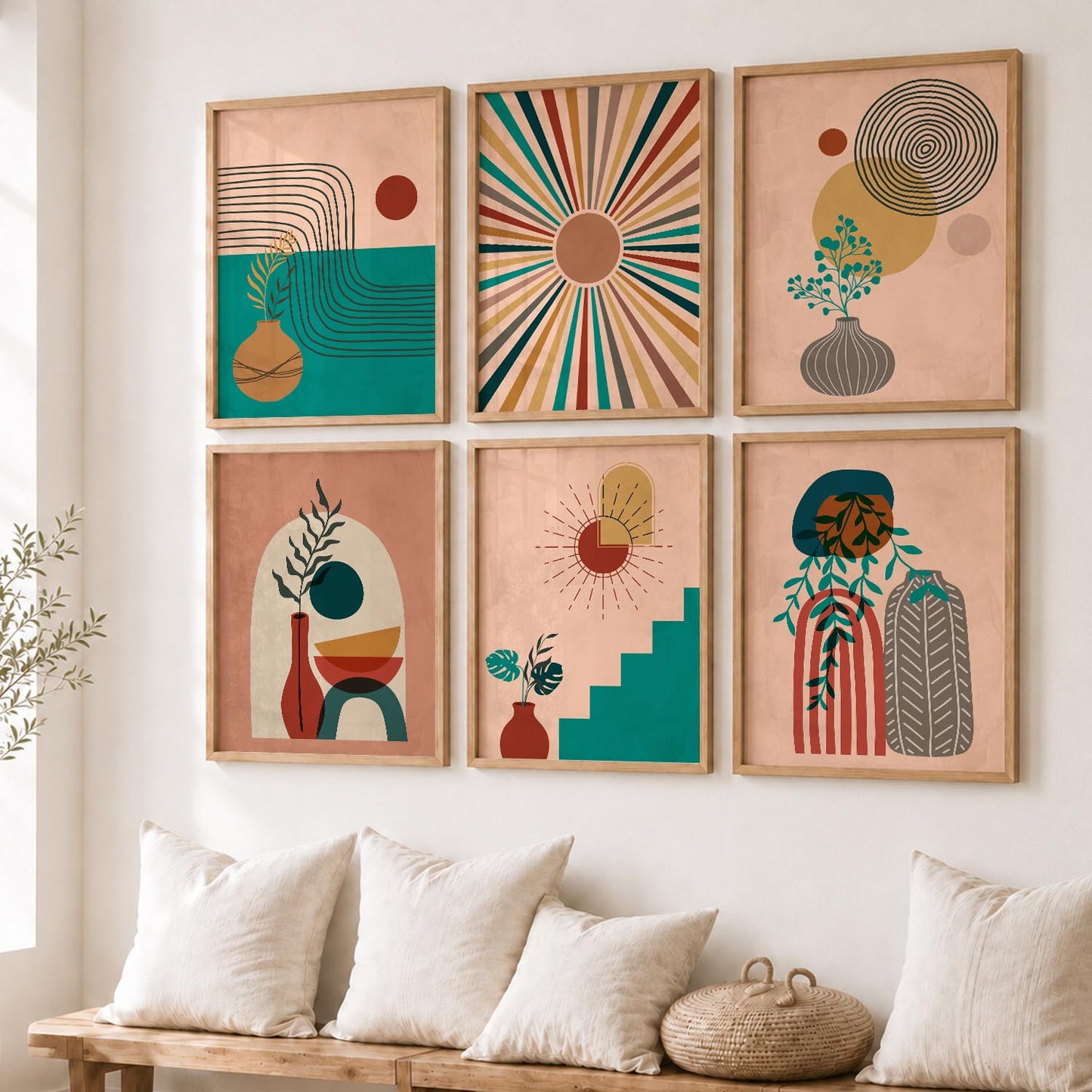 Earthy Abstract Boho Modern Wall Art Set of 6 Framed Prints