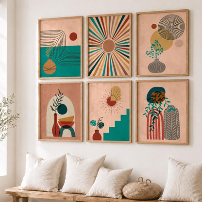 Earthy Abstract Boho Modern Wall Art Set of 6 Framed Prints