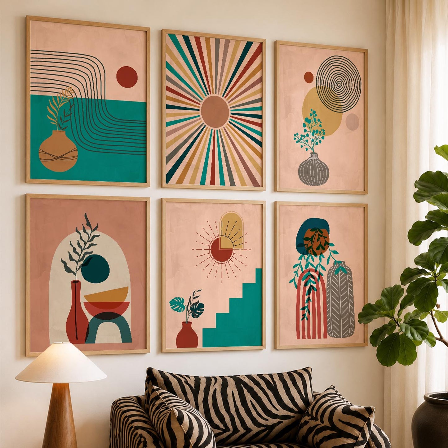 Earthy Abstract Boho Modern Wall Art Set of 6 Framed Prints