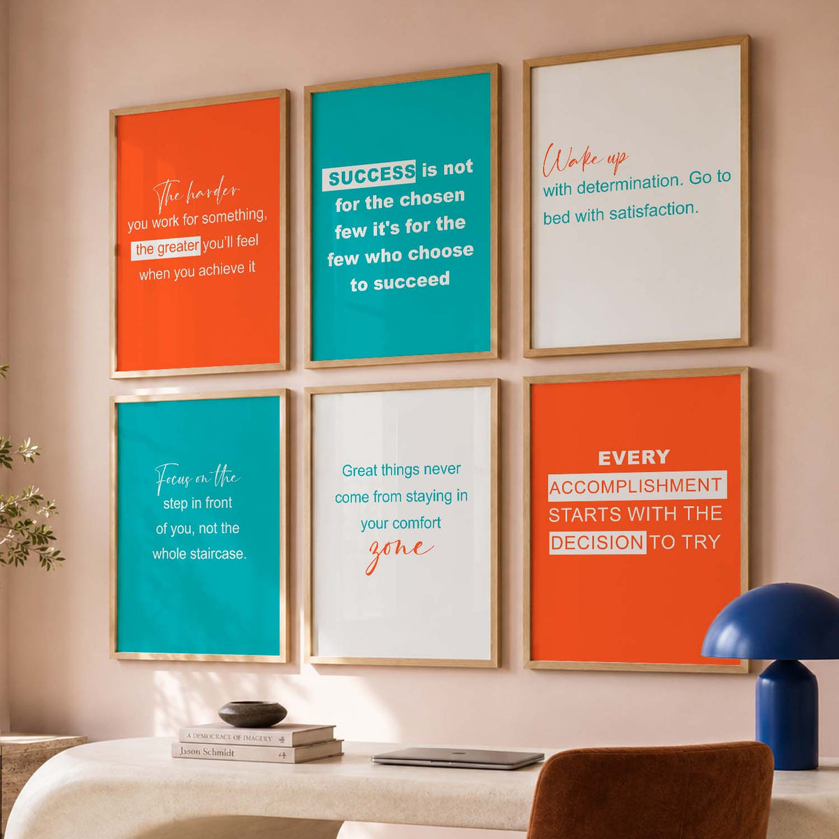 Color Block Motivational Quotes Wall Art Set of 6 Framed Prints for Bedroom