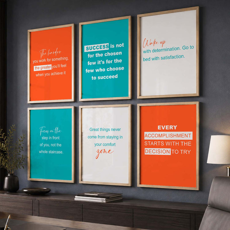 Color Block Motivational Quotes Wall Art Set of 6 Framed Prints for Bedroom