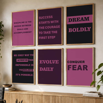 Modern Typography Motivational Quotes Wall Art Set of 6 Framed Prints for Hallway