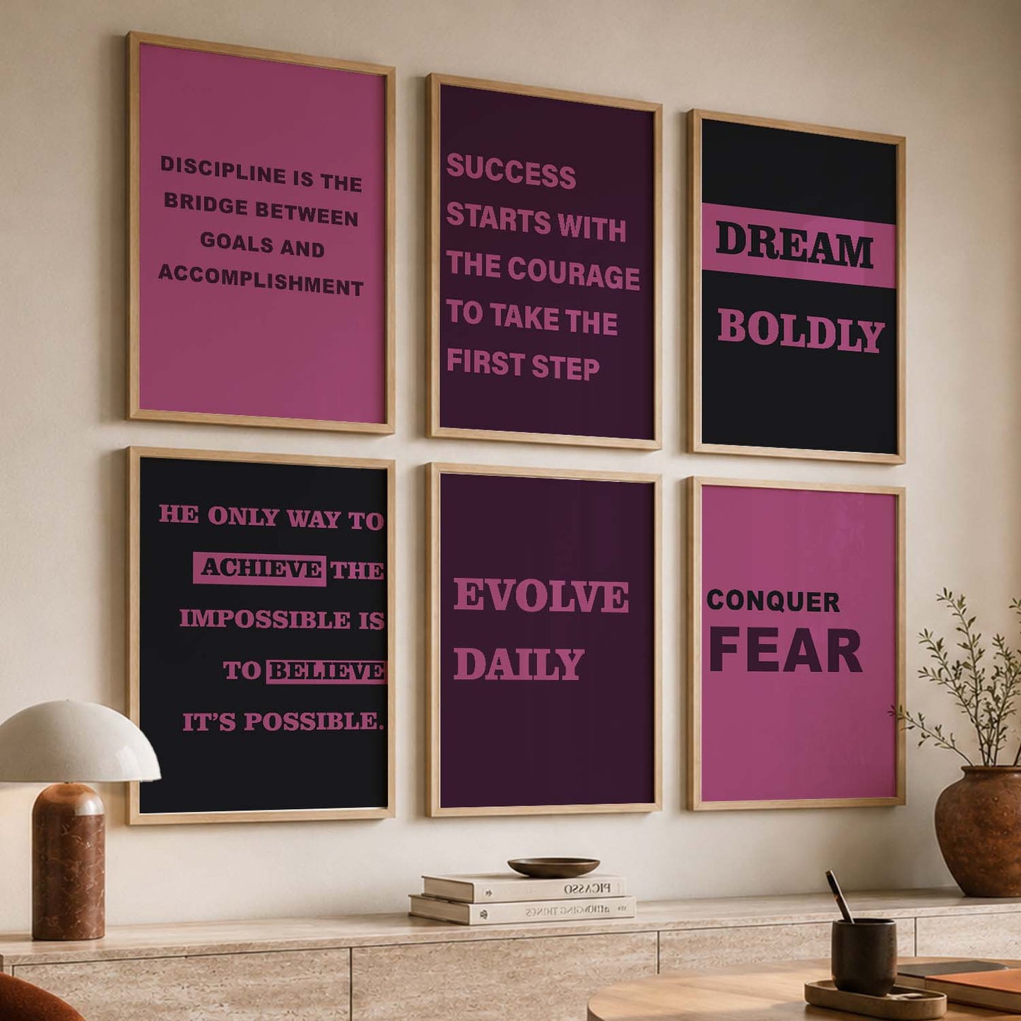 Modern Typography Motivational Quotes Wall Art Set of 6 Framed Prints for Hallway