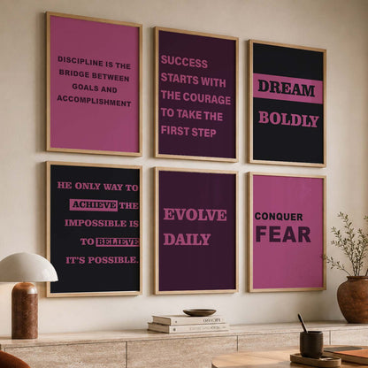 Modern Typography Motivational Quotes Wall Art Set of 6 Framed Prints for Hallway
