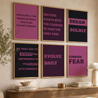 Modern Typography Motivational Quotes Wall Art Set of 6 Framed Prints for Hallway