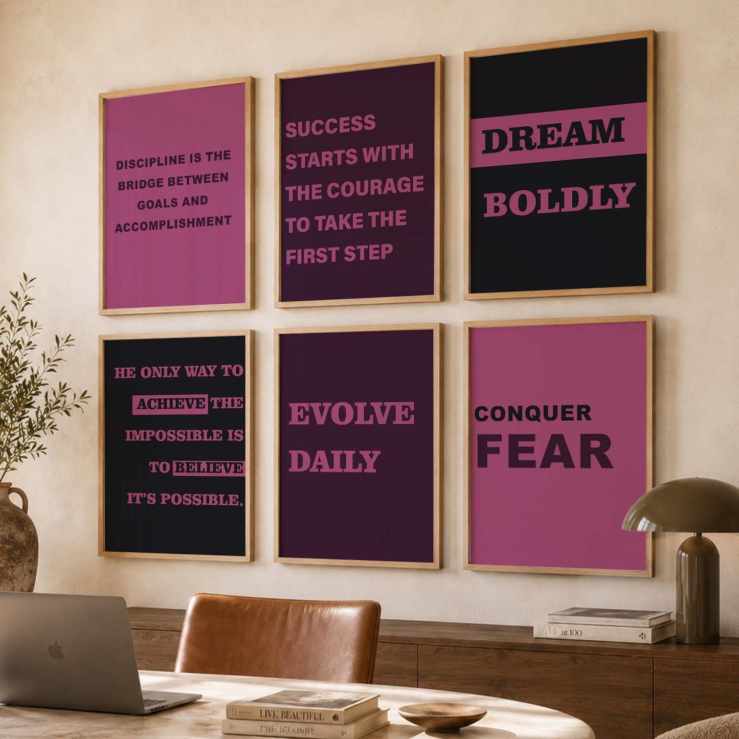 Modern Typography Motivational Quotes Wall Art Set of 6 Framed Prints for Hallway