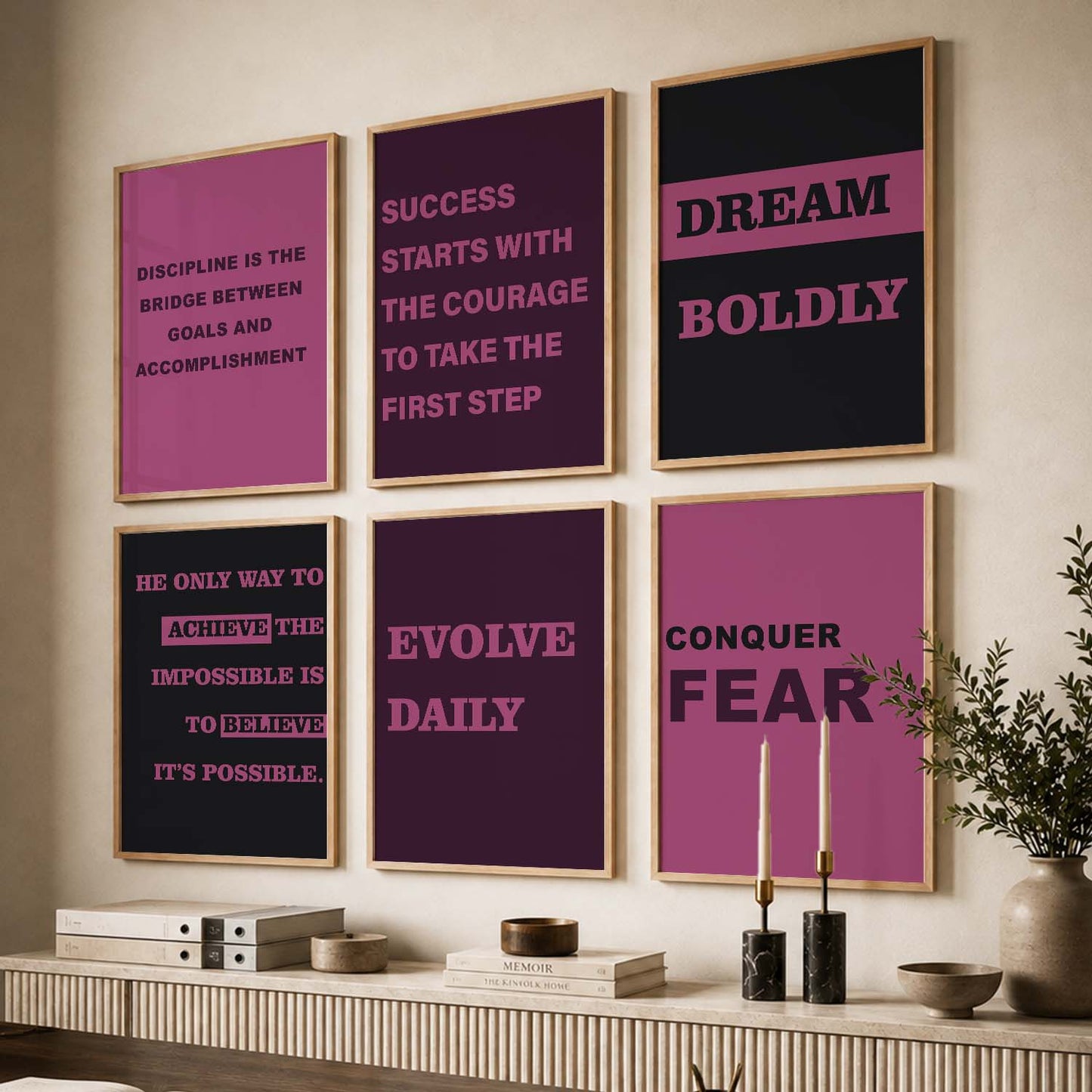 Modern Typography Motivational Quotes Wall Art Set of 6 Framed Prints for Hallway