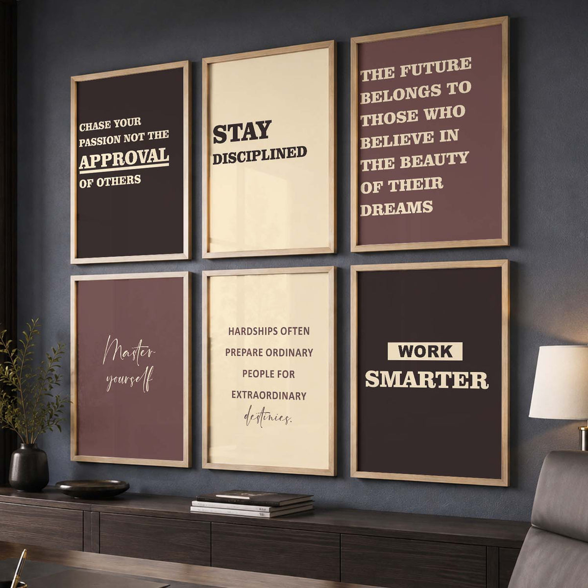 Bold Typography Motivational Quotes Wall Art Set of 6 Framed Prints for Study Room