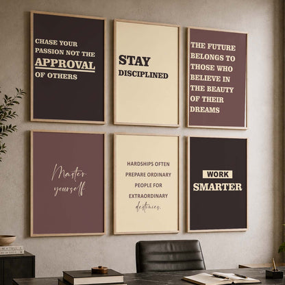 Bold Typography Motivational Quotes Wall Art Set of 6 Framed Prints for Study Room