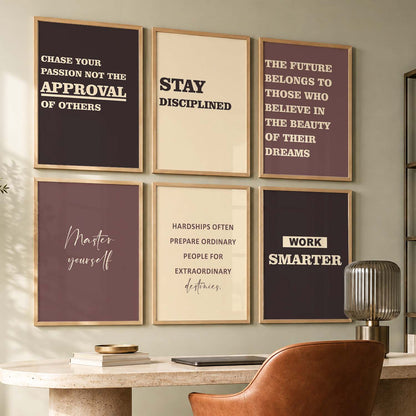 Bold Typography Motivational Quotes Wall Art Set of 6 Framed Prints for Study Room