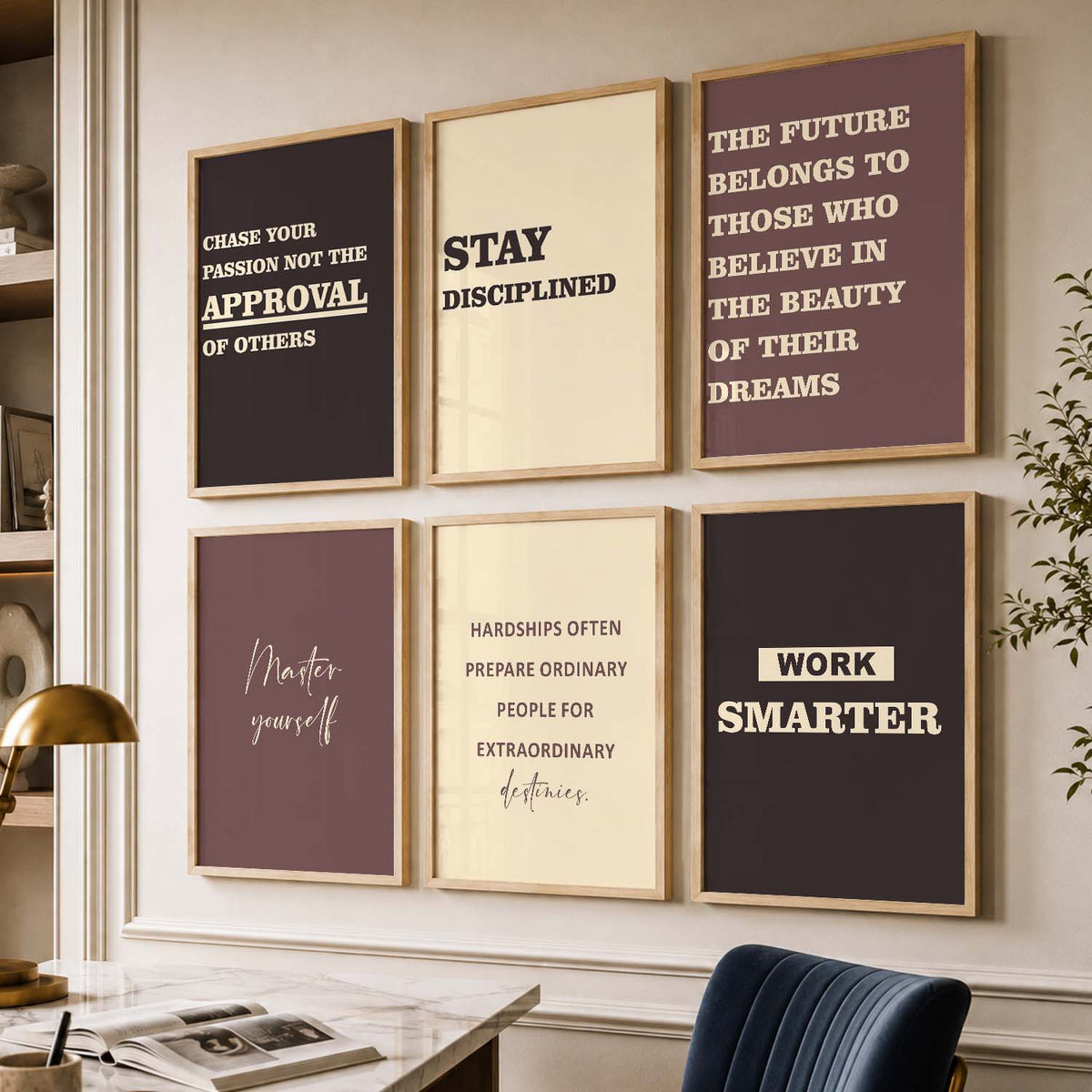 Bold Typography Motivational Quotes Wall Art Set of 6 Framed Prints for Study Room