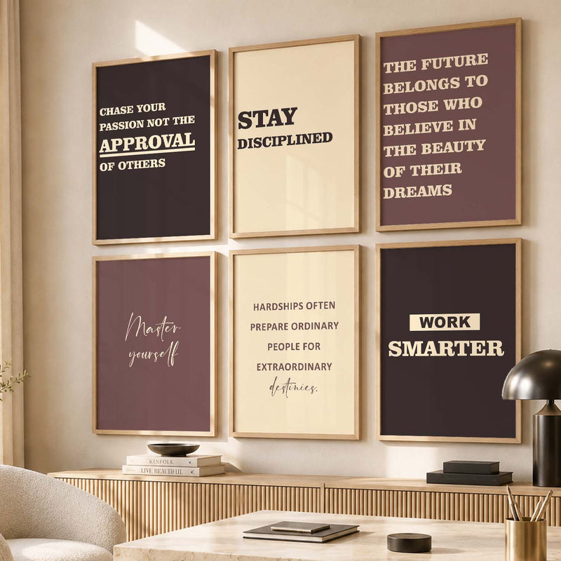 Bold Typography Motivational Quotes Wall Art Set of 6 Framed Prints for Study Room