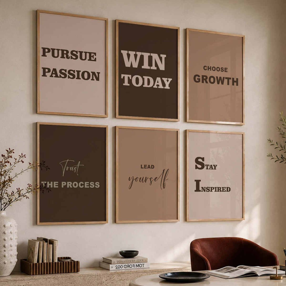 Bold Typography Motivational Quotes Wall Art Set of 6 Framed Prints for Office