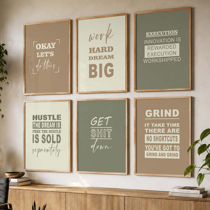 Modern Typography Motivational Quotes Wall Art Set of 6 Framed Prints for Workspace