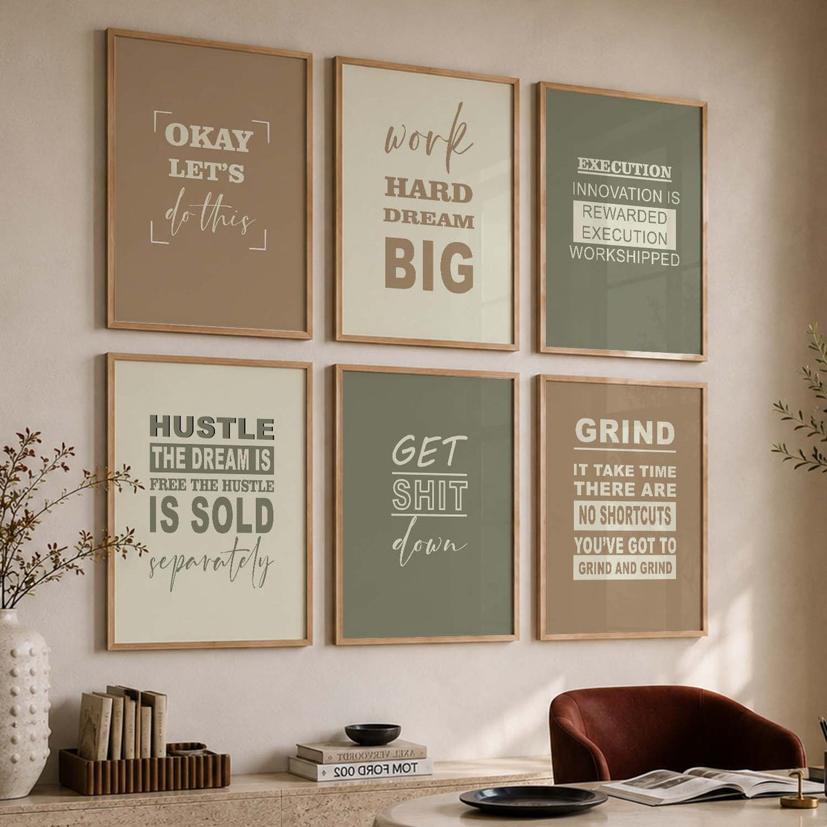 Modern Typography Motivational Quotes Wall Art Set of 6 Framed Prints for Workspace