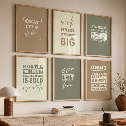 Modern Typography Motivational Quotes Wall Art Set of 6 Framed Prints for Workspace