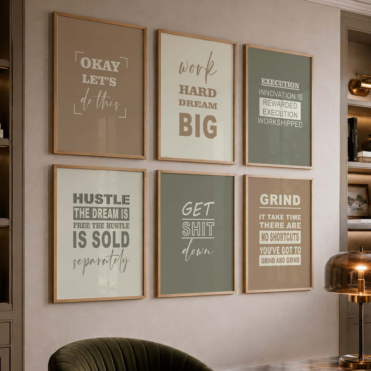 Modern Typography Motivational Quotes Wall Art Set of 6 Framed Prints for Workspace