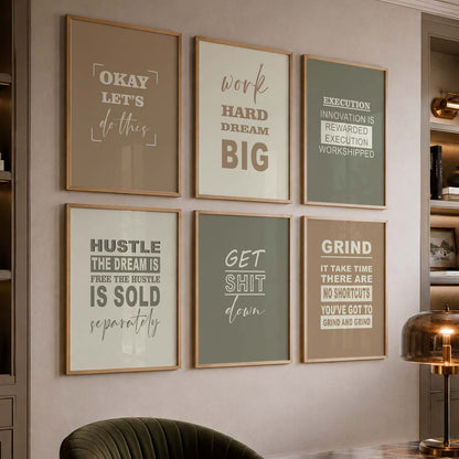Modern Typography Motivational Quotes Wall Art Set of 6 Framed Prints for Workspace