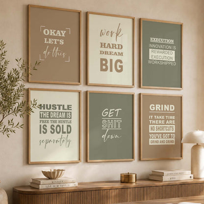 Modern Typography Motivational Quotes Wall Art Set of 6 Framed Prints for Workspace