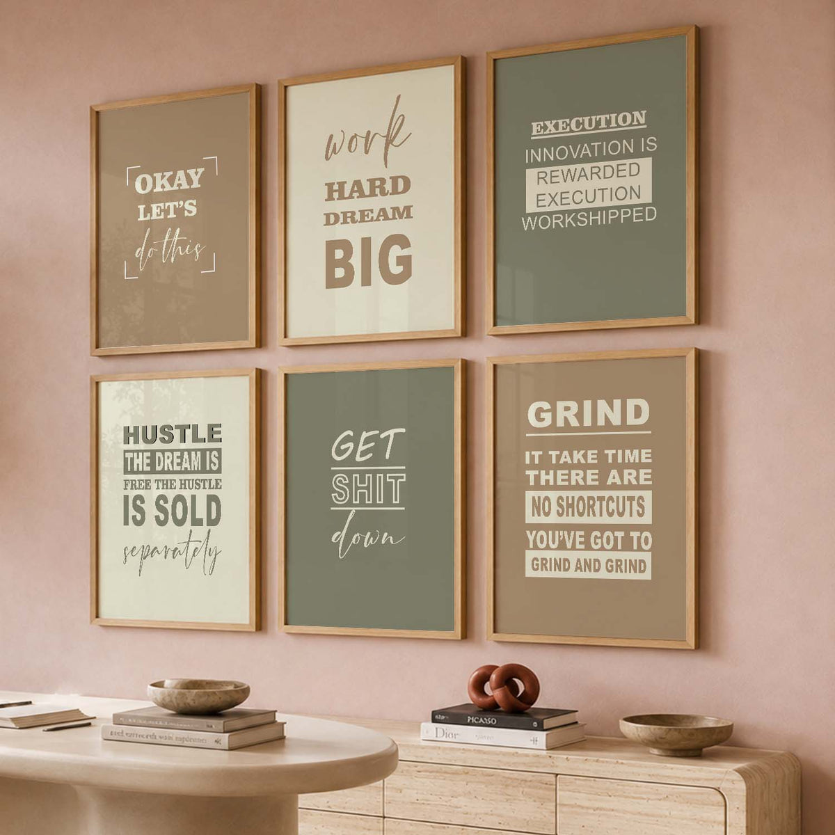 Modern Typography Motivational Quotes Wall Art Set of 6 Framed Prints for Workspace