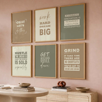 Modern Typography Motivational Quotes Wall Art Set of 6 Framed Prints for Workspace