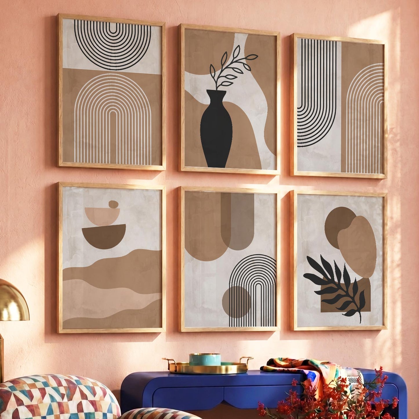 Warm Earthy Geometric Abstract Boho Wall Art Set of 6 Framed Prints