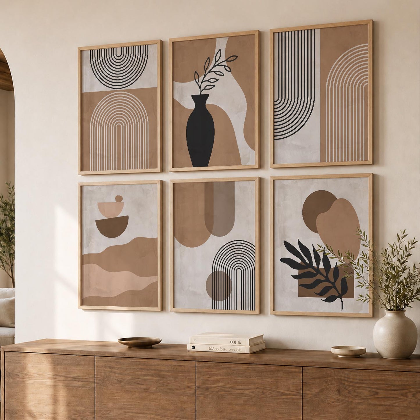 Warm Earthy Geometric Abstract Boho Wall Art Set of 6 Framed Prints