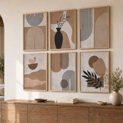 Warm Earthy Geometric Abstract Boho Wall Art Set of 6 Framed Prints