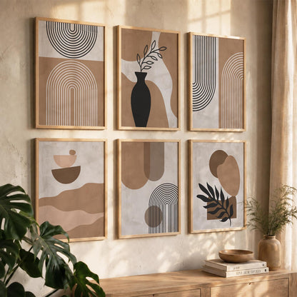 Warm Earthy Geometric Abstract Boho Wall Art Set of 6 Framed Prints