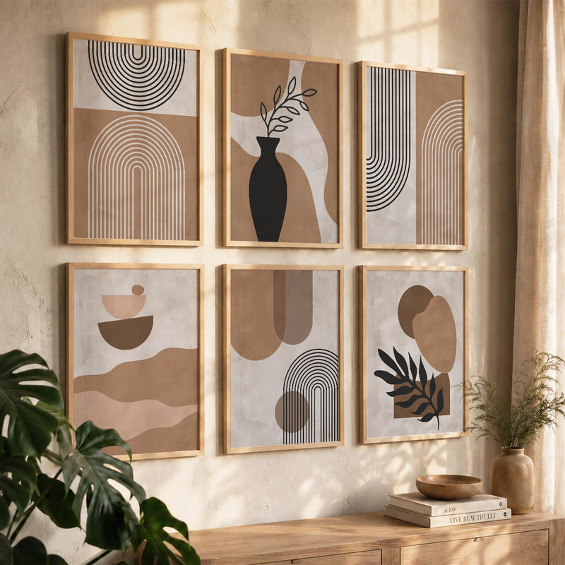 Warm Earthy Geometric Abstract Boho Wall Art Set of 6 Framed Prints