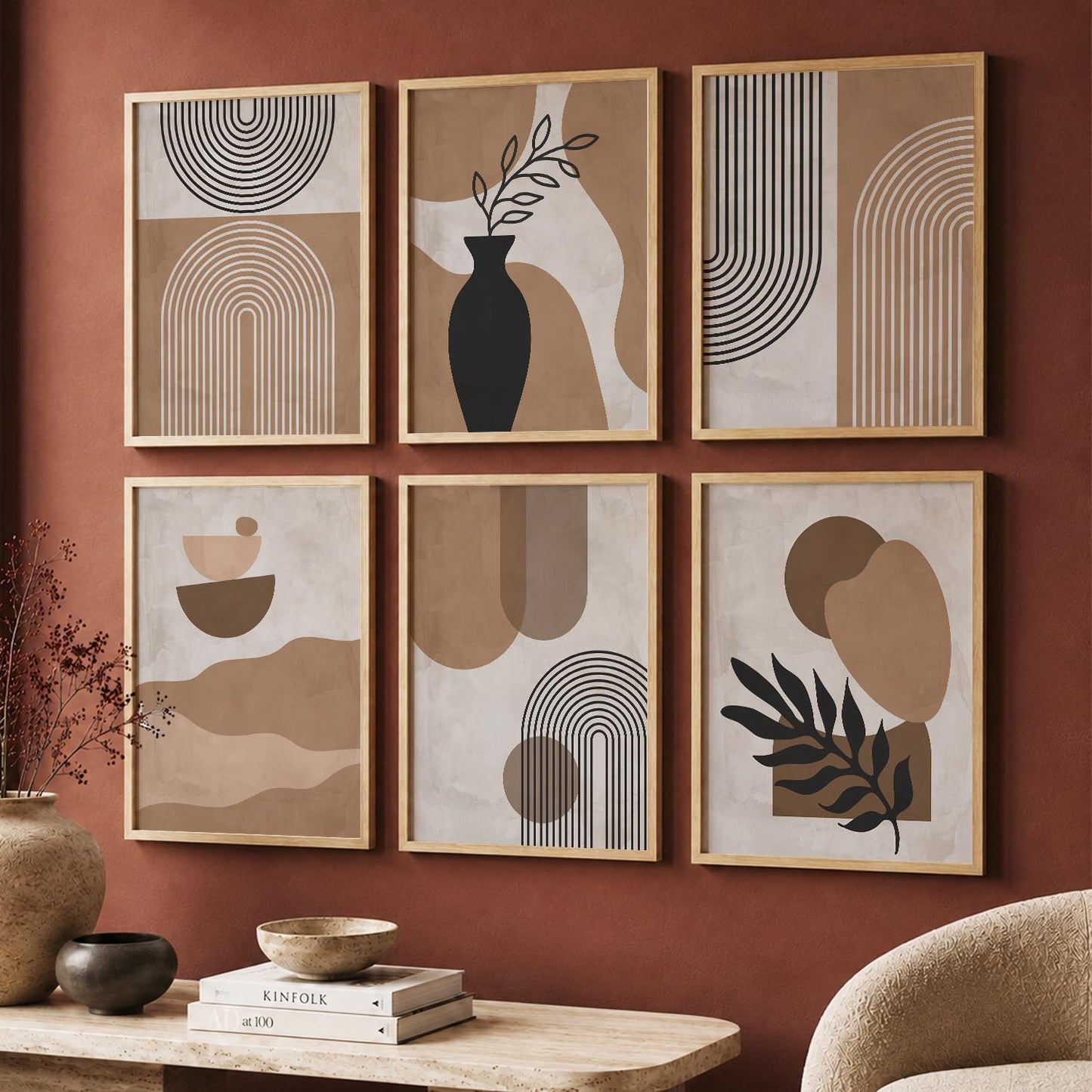 Warm Earthy Geometric Abstract Boho Wall Art Set of 6 Framed Prints