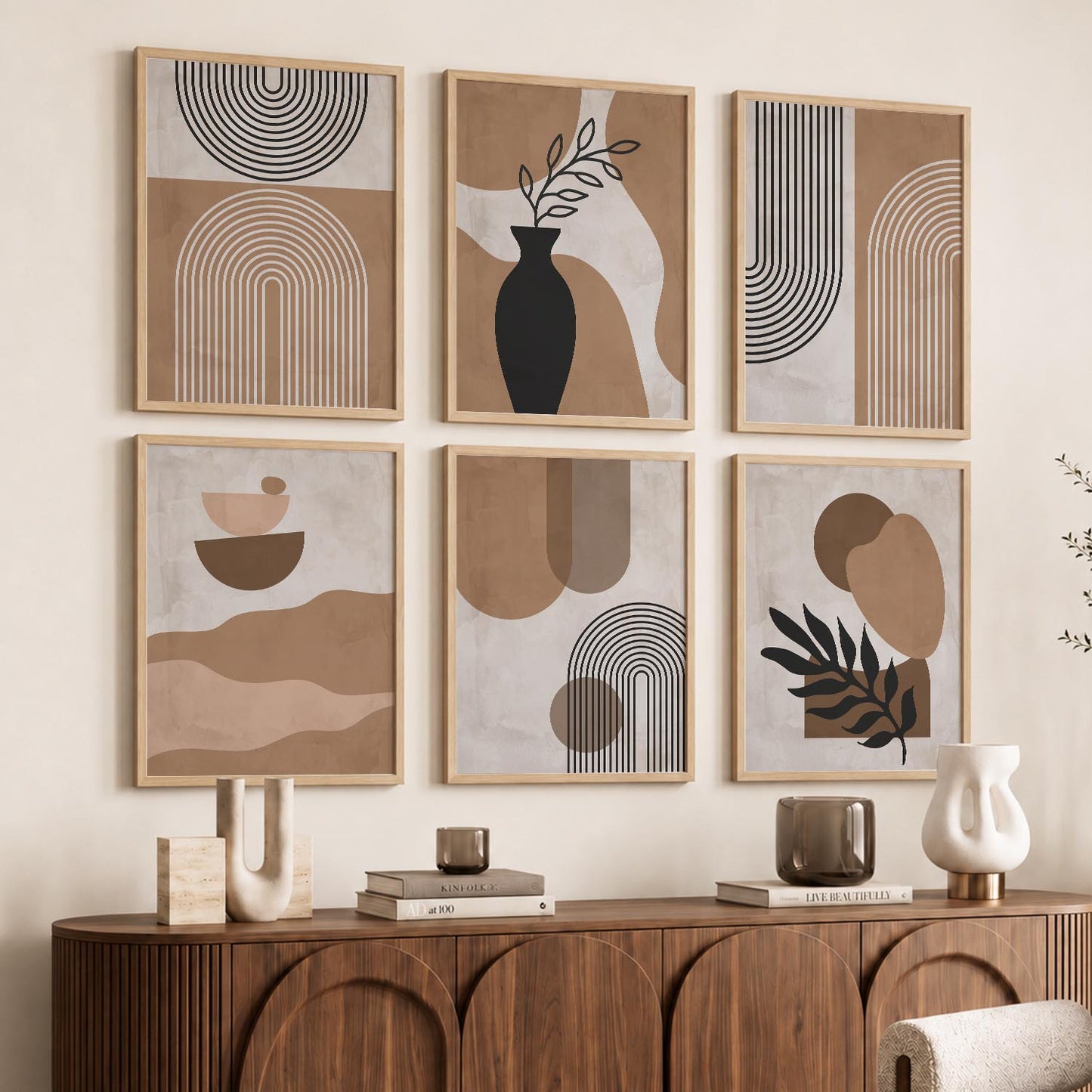Warm Earthy Geometric Abstract Boho Wall Art Set of 6 Framed Prints