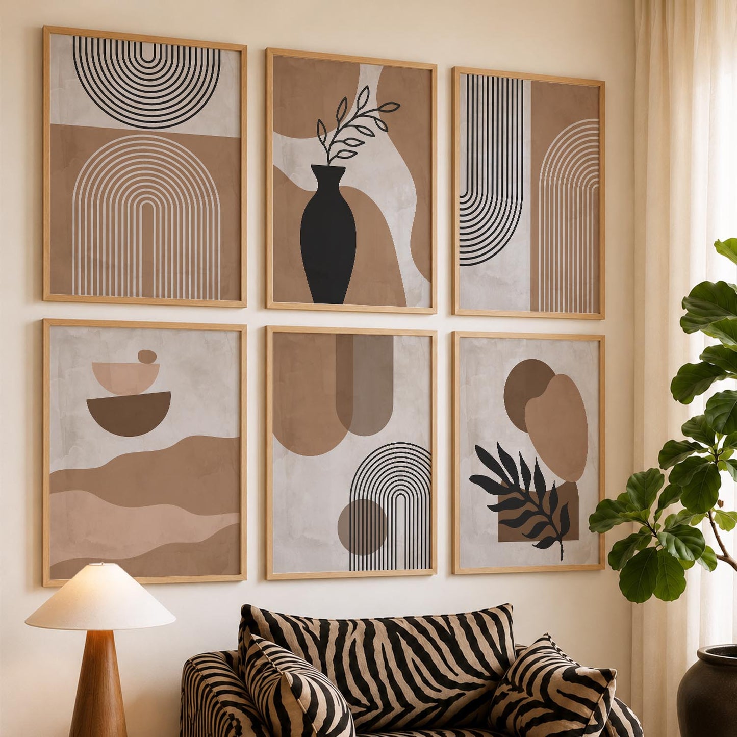 Warm Earthy Geometric Abstract Boho Wall Art Set of 6 Framed Prints