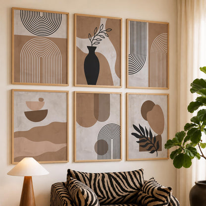 Warm Earthy Geometric Abstract Boho Wall Art Set of 6 Framed Prints