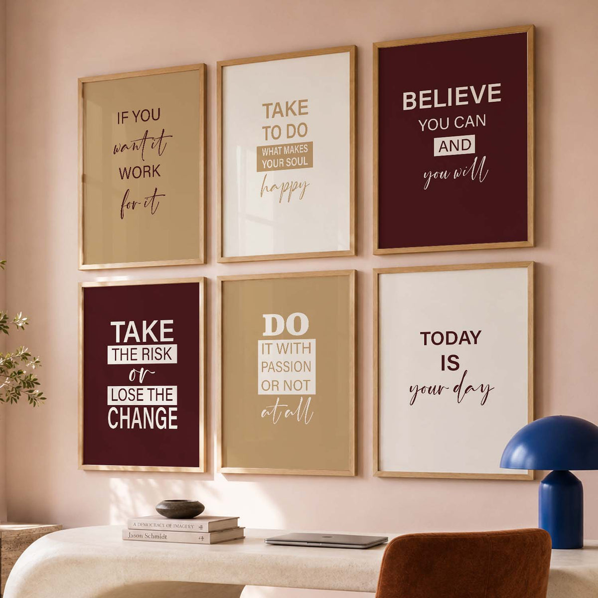 Modern Typography Motivational Quotes Wall Art Set of 6 Framed Prints for Study Room