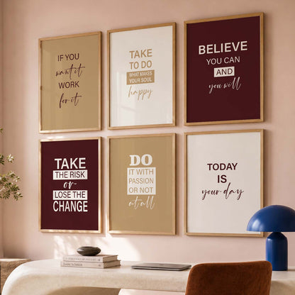 Modern Typography Motivational Quotes Wall Art Set of 6 Framed Prints for Study Room