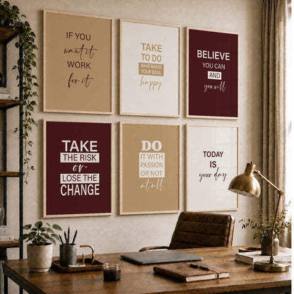 Modern Typography Motivational Quotes Wall Art Set of 6 Framed Prints for Study Room
