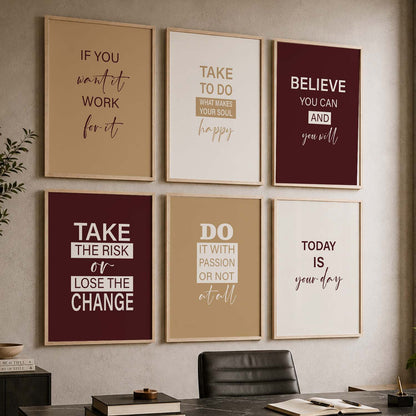 Modern Typography Motivational Quotes Wall Art Set of 6 Framed Prints for Study Room