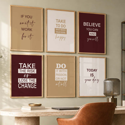 Modern Typography Motivational Quotes Wall Art Set of 6 Framed Prints for Study Room