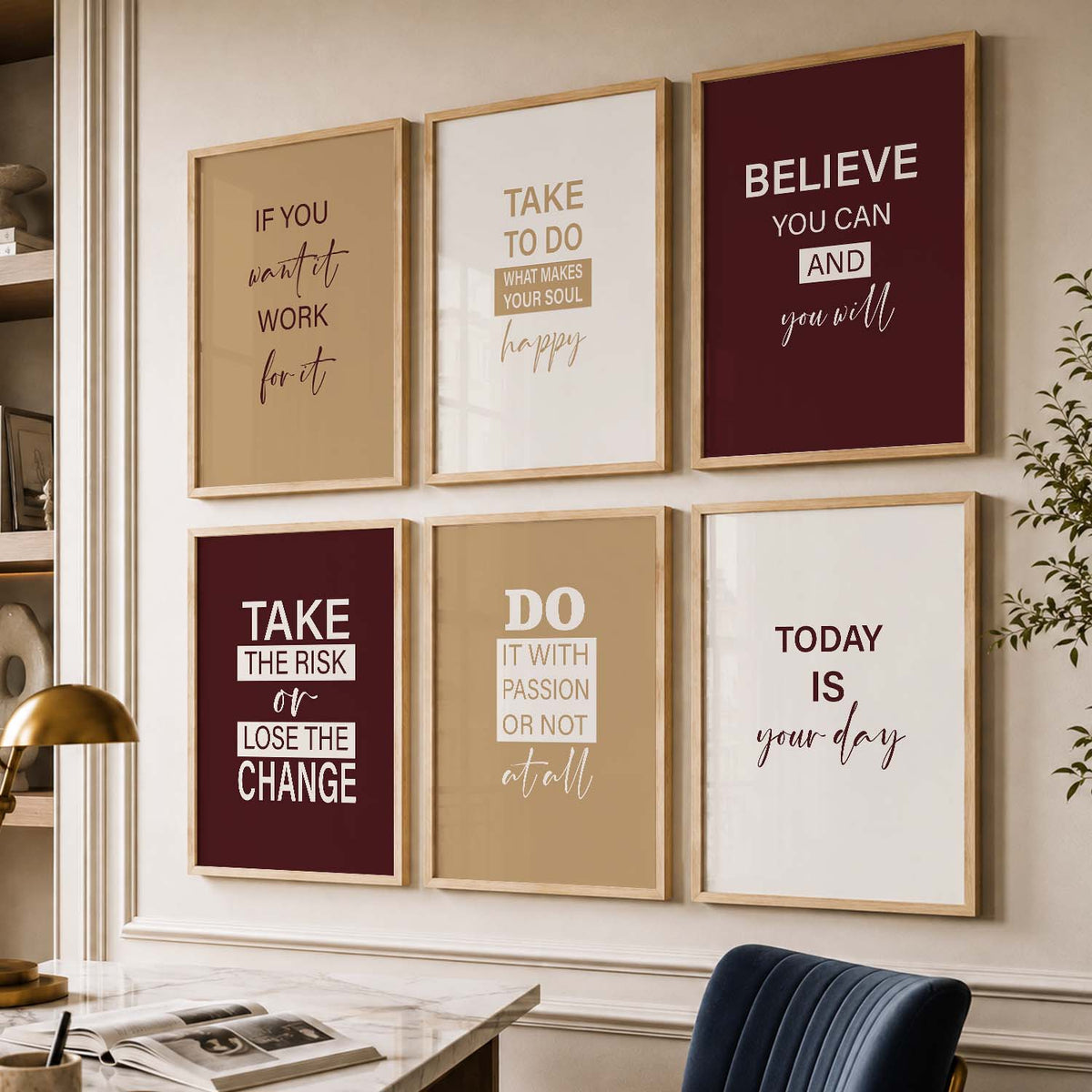 Modern Typography Motivational Quotes Wall Art Set of 6 Framed Prints for Study Room