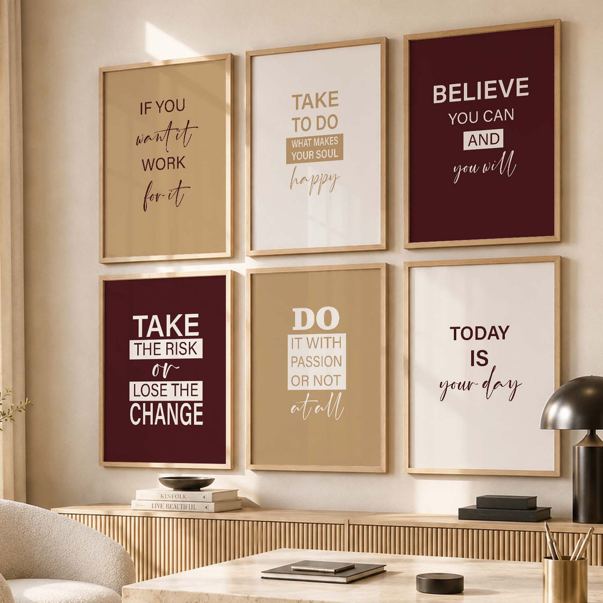 Modern Typography Motivational Quotes Wall Art Set of 6 Framed Prints for Study Room
