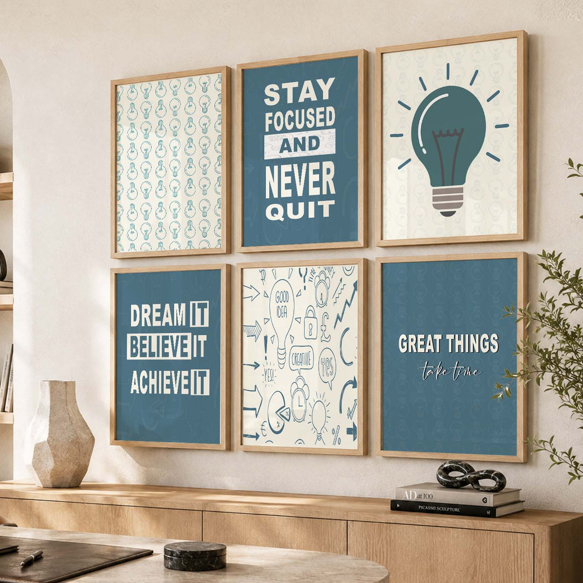 Modern Typography Motivational Quotes Wall Art Set of 6 Framed Prints for Office
